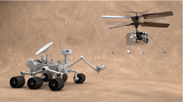 像“机智号”直升机（图右）提供了一种不同于“好奇号”火星车（图左）不同的运行方法，来绘制外星世界地图。