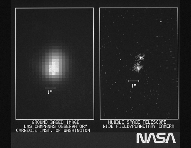 图为当时尚属全新的哈勃望远镜于1990年拍摄的第一张照片。没有了大气的干扰，再加上哈勃的大口径，其拍摄行星系的分辨率远胜任何地面望远镜。分辨率主要取决于光线波长与主镜直径的比例。