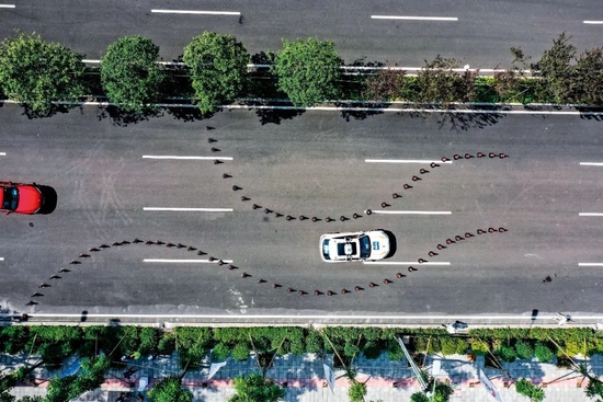 2021年8月20日，2021 i-VISTA自动驾驶汽车挑战赛在重庆开赛。参赛的自动驾驶汽车（白色）在真实道路上挑战“S型道路”的交通场景。图/新华